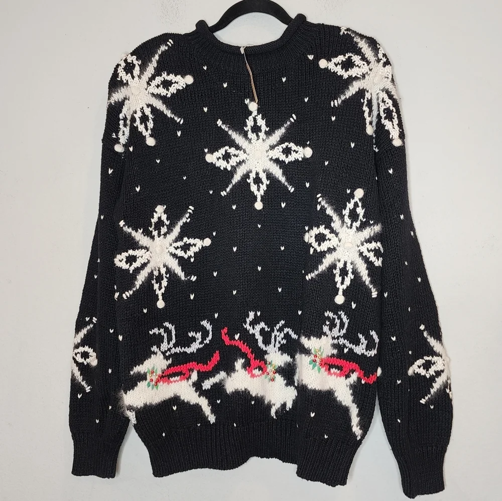NWT Vintage Lauren Hansen‎ Roll Neck Hand Knitted Snowflake Reindeer Sweater L